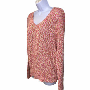Magaschoni Size Large V-Neck Sweater Pink Yellow Blend Mottled Knit Wide Sleeve